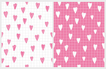 Funny Abstract Hand Drawn Hearts Vector Pattern. Simple Tiny Hearts Sketched on a Piece of Notebook. Watercolor Style Hearts of Irregular Shape on a White and Pink Background.Lovely Baby Girl Design. 