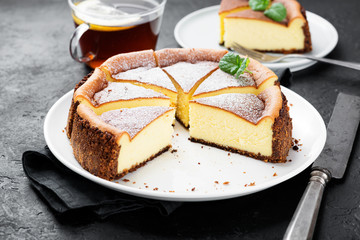 Homemade cheesecake casserole with mascarpone cheese and lemon.