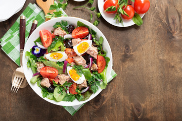 Tuna Fish Salad with Lettuce, Cherry Tomatoes, egg and olives.