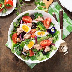 Tuna Fish Salad with Lettuce, Cherry Tomatoes, egg and olives.