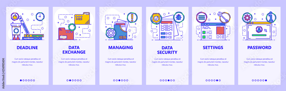 Poster mobile app onboarding screens. computer services, secure access, data exchange and security. menu ve