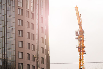 Fototapeta na wymiar the construction crane and the building against the gray sky