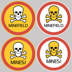 Danger mines. Round signs set.Hazard to health and life, an information sign identifying a dangerous area.