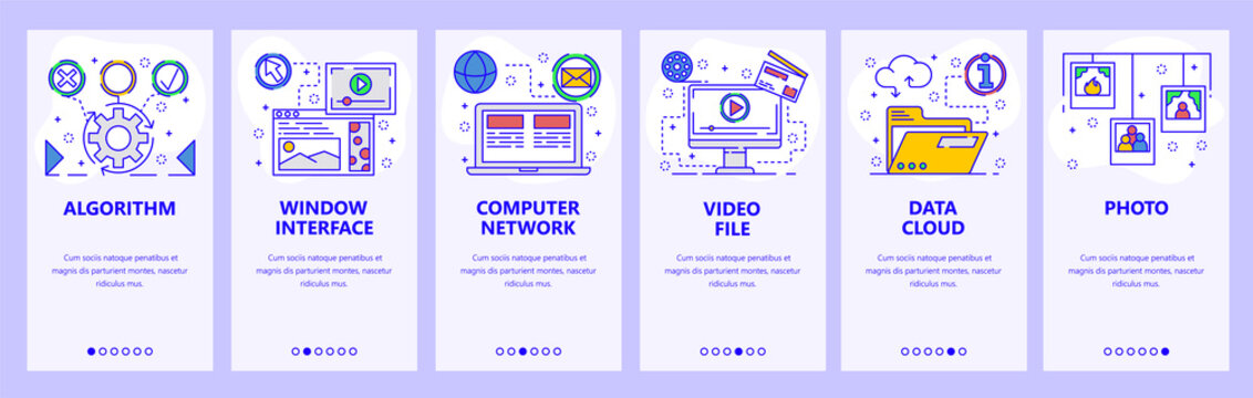 Mobile app onboarding screens. Online computer services, cloud storage, files sync, photo sharing. Menu vector banner template for website and mobile development. Web site design flat illustration