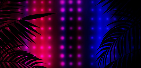Fototapeta na wymiar Dark empty stage, multi color of neon searchlight, night view. Abstract background with spotlights and tropical leaves. Night view lights.