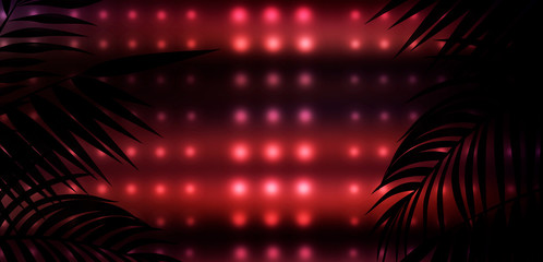 Dark empty stage, multi color of neon searchlight, night view. Abstract background with spotlights and tropical leaves. Night view lights.