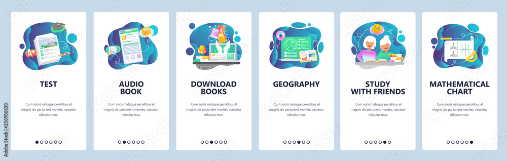 Poster mobile app onboarding screens. school education, audio and electronic books, math. menu vector banne