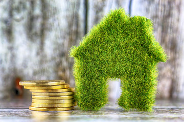 Miniature green eco house icon with grass and golden coins on wooden background. Renewable energy...