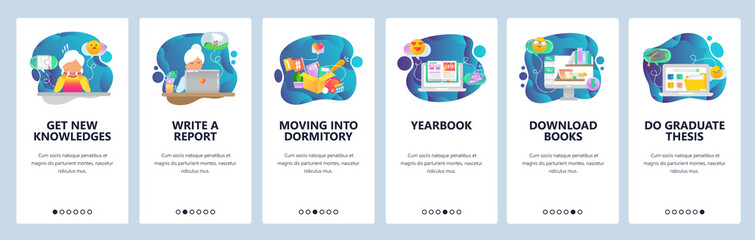 Mobile app onboarding screens. College and school education icons, yearbook, online library, thesis. Menu vector banner template for website and mobile development. Web site design flat illustration