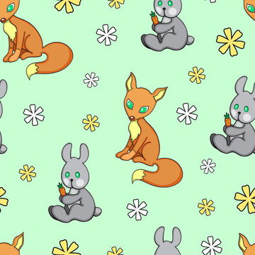 vector seamless pattern with orange fox and rabbit on mint green background for children