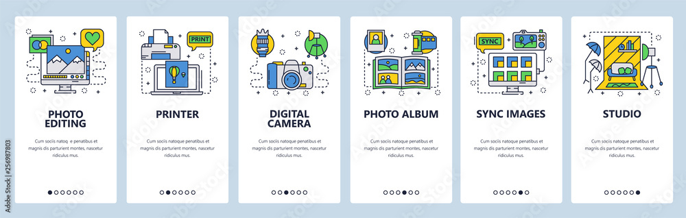 Poster mobile app onboarding screens. photography studio, photo editing, digital camera, printer and album.