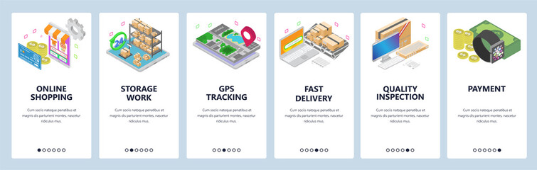 Mobile app onboarding screens. Online shopping, smart watch, payments, warehouse, delivery, gps tracking. Vector banner template for website and mobile development. Web site isometric illustration