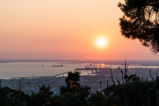 Thessaloniki / Greece 22 march 2019 : sunset in the most beautiful city of Greece photo taken from the hilltop forest Kedrinos Lofos, also known as Seich Sou,the temperture is fine for a walk
