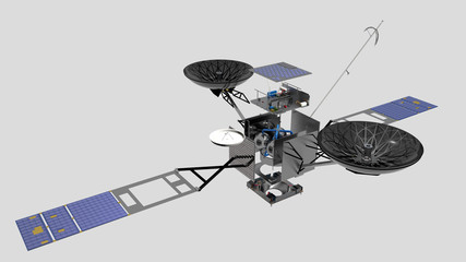 Satellite TDRS (Tracking and Data Relay Satellite), su fondo neutro, con visione delle sue parti interne, 3D rendering