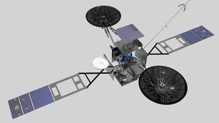 Satellite TDRS (Tracking and Data Relay Satellite), su fondo neutro, con visione delle sue parti interne, 3D rendering © robynt