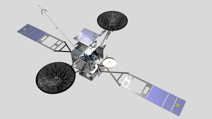 Satellite TDRS (Tracking and Data Relay Satellite), su fondo neutro, con visione delle sue parti interne, 3D rendering