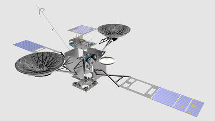 Satellite TDRS (Tracking and Data Relay Satellite), su fondo neutro, con visione delle sue parti interne, 3D rendering