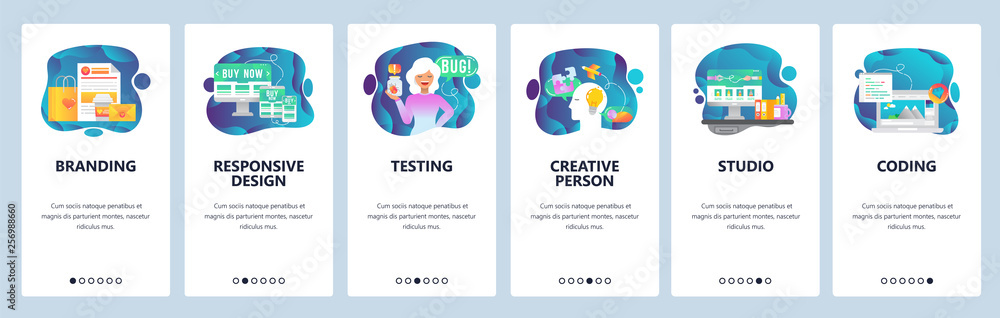 Aufkleber mobile app onboarding screens. digital marketing, branding and design studio, creativity. menu vecto