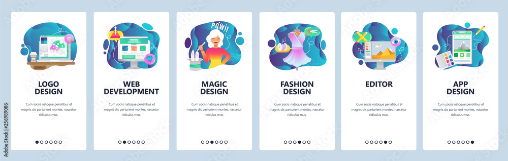 Poster mobile app onboarding screens. web development, fashion design, mobile photo editing. menu vector ba