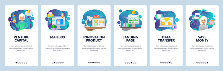Mobile app onboarding screens. Female venture capitalist, investment, startup, email inbox, data sync and landing page. Vector banner template for website mobile development. Web site illustration - obrazy, fototapety, plakaty