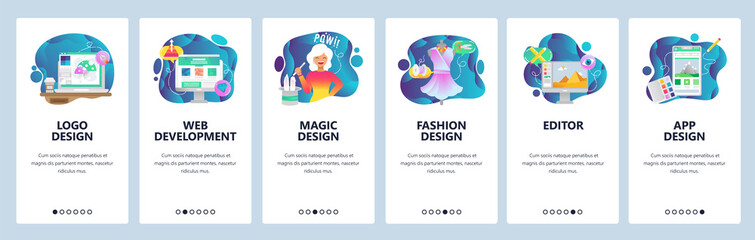 Mobile app onboarding screens. Web development, fashion design, mobile photo editing. Menu vector banner template for website and mobile development. Web site design flat illustration