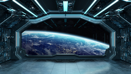Dark blue spaceship futuristic interior with window view on planet Earth 3d rendering