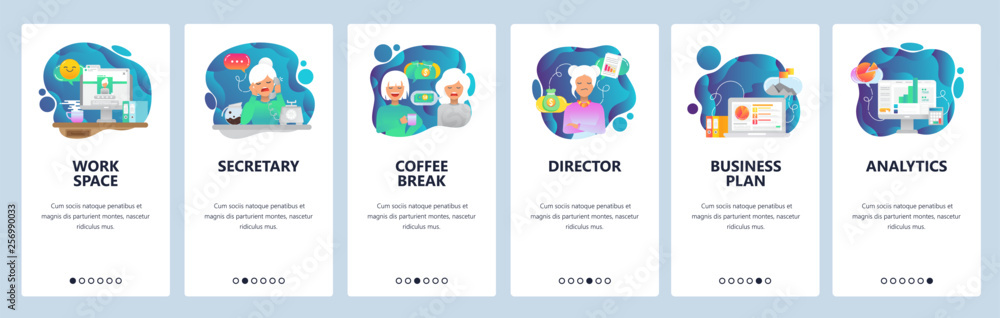 Poster mobile app onboarding screens. office, coffee break, business analytics, work space. menu vector ban
