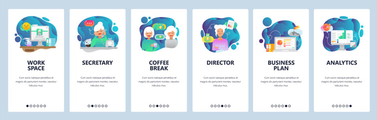 Mobile app onboarding screens. Office, coffee break, business analytics, work space. Menu vector banner template for website and mobile development. Web site design flat illustration