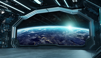Naklejka premium Dark blue spaceship futuristic interior with window view on planet Earth 3d rendering