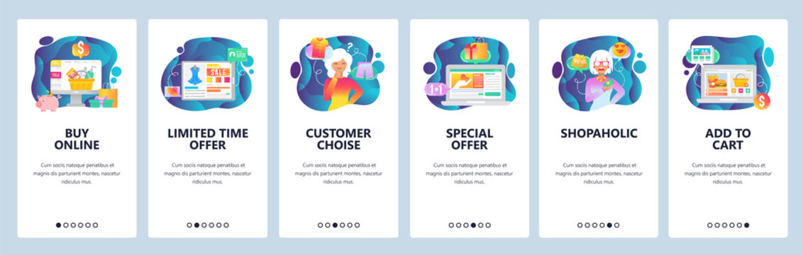 Mobile app onboarding screens. Online shopping, customer choise, special sale offer, shopaholic woman. Menu vector banner template for website and mobile development. Web site design flat illustration