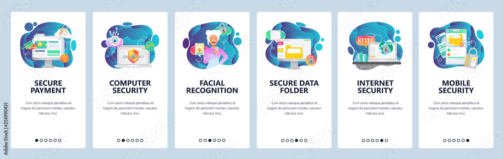 Poster mobile app onboarding screens. internet security, data secure access and online payment, facial reco