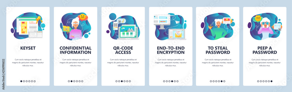 Poster mobile app onboarding screens. internet security, qr code secure access, encryption, password. menu 