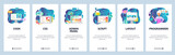 Mobile app onboarding screens. Female developer, programming code, admin panel and java script. Menu vector banner template for website and mobile development. Web site design flat illustration