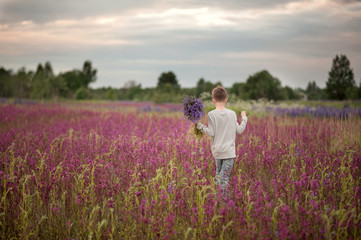 Fototapeta na wymiar boy collects flowers in the field at sunset