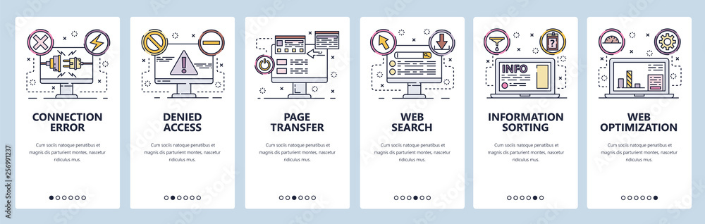 Poster mobile app onboarding screens. connection error, access denied, seo optimization and web development