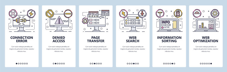 Mobile app onboarding screens. Connection error, access denied, SEO optimization and web development. Menu vector banner template for website and mobile development. Web site design flat illustration