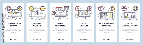 Mobile app onboarding screens. Connection error, access denied, SEO optimization and web development. Menu vector banner template for website and mobile development. Web site design flat illustration