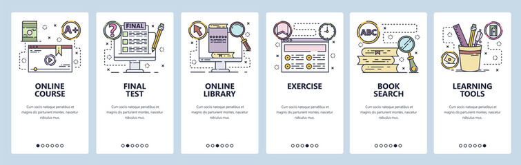 Mobile app onboarding screens. Online education, courses, school, book library. Menu vector banner template for website and mobile development. Web site design flat illustration