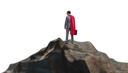 Superhero businessman on top of mountain