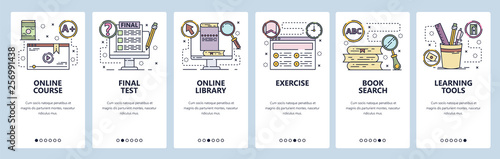 Mobile app onboarding screens. Online education, courses, school, book library. Menu vector banner template for website and mobile development. Web site design flat illustration