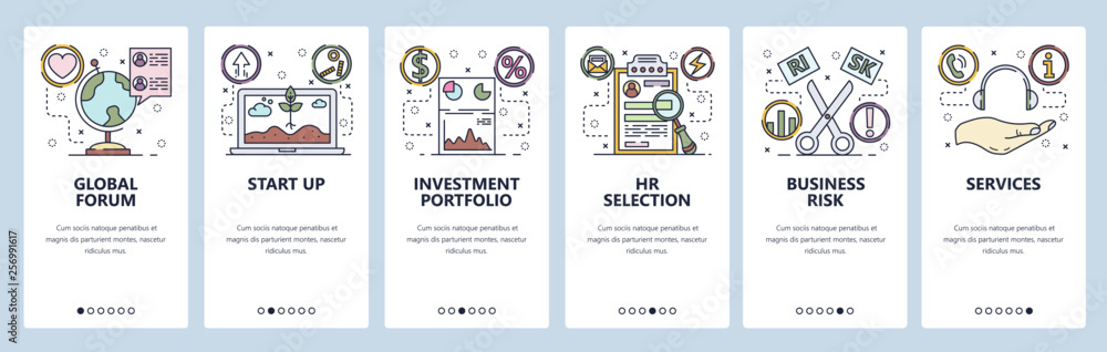Aufkleber mobile app onboarding screens. business risk, startup investment, call center. menu vector banner te
