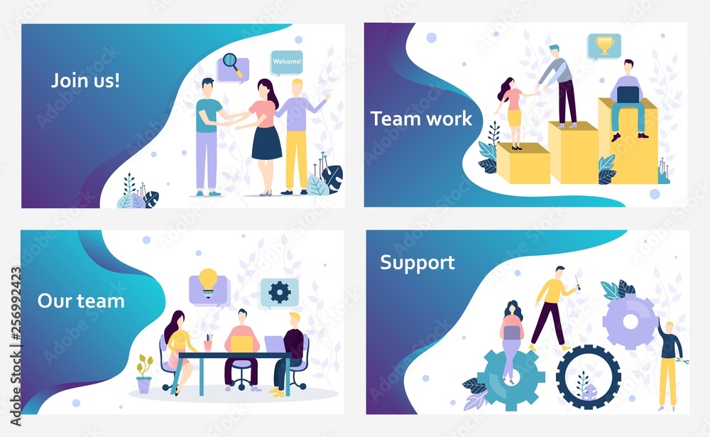 Poster vector web site design template. we are hiring and join us landing pages, teamwork in office, suppor