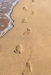 Child footprints on sand at sea beach.