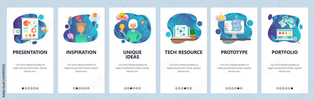 Poster mobile app onboarding screens. financial presentation, unique ideas and creativity, computer chip pr