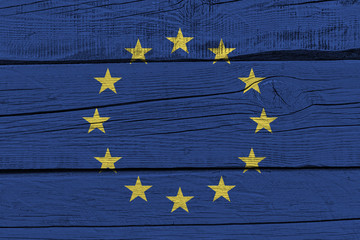 Europe EU flag painted on old wood plank