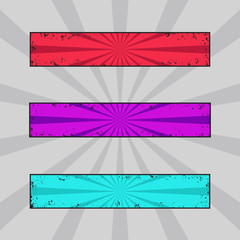 Vector set of grungy colored banners, grunge headers with retro rays