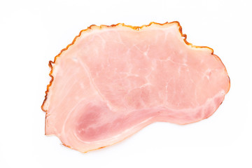 Sliced boiled ham sausage isolated on white background, top view.