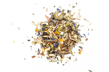 Herbal tea on a white background. Top view.