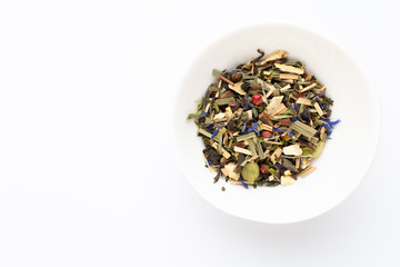 Herbal tea on a white background. Top view.