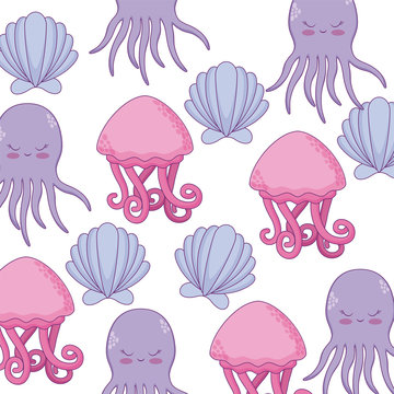 pattern of octopus with seashell and jellyfish